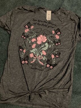 Gray Floral Graphic Tee with Pink Accents